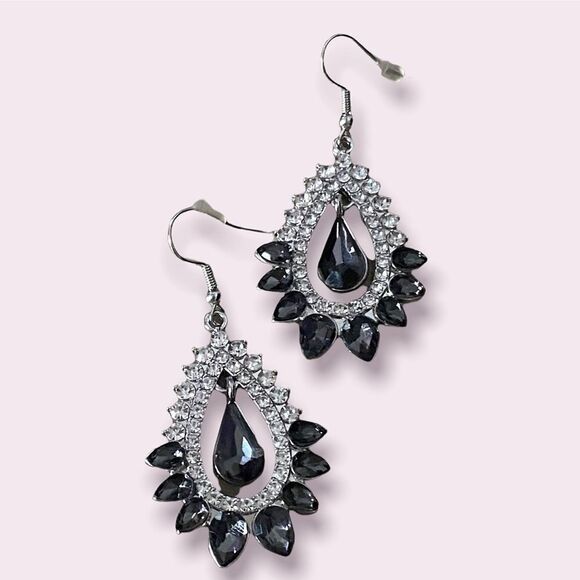 Marquis Shaped Rhinestone Crystal Statement Earrings Fish Hook Style Clear Gray - Picture 2 of 4